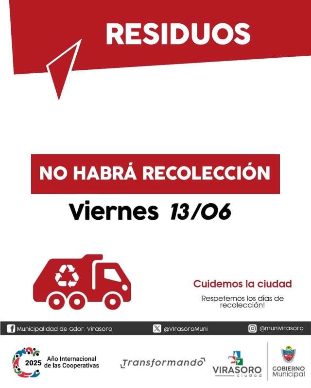 El viernes 13/6 no habrá servicio de recolección de residuos